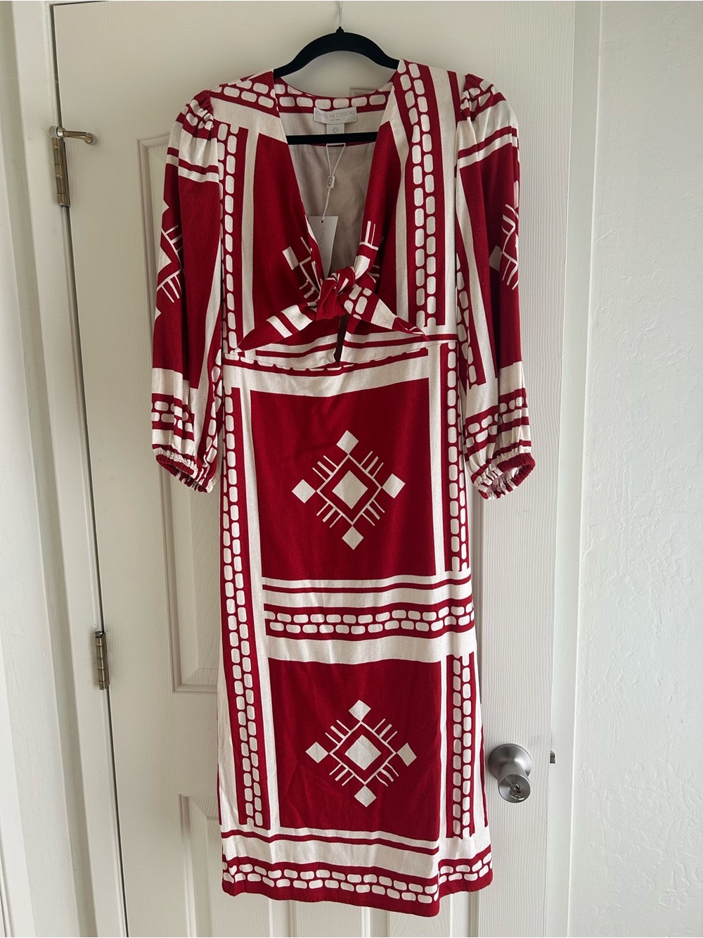 Caroline Constas Red and White Geometric Midi Dress